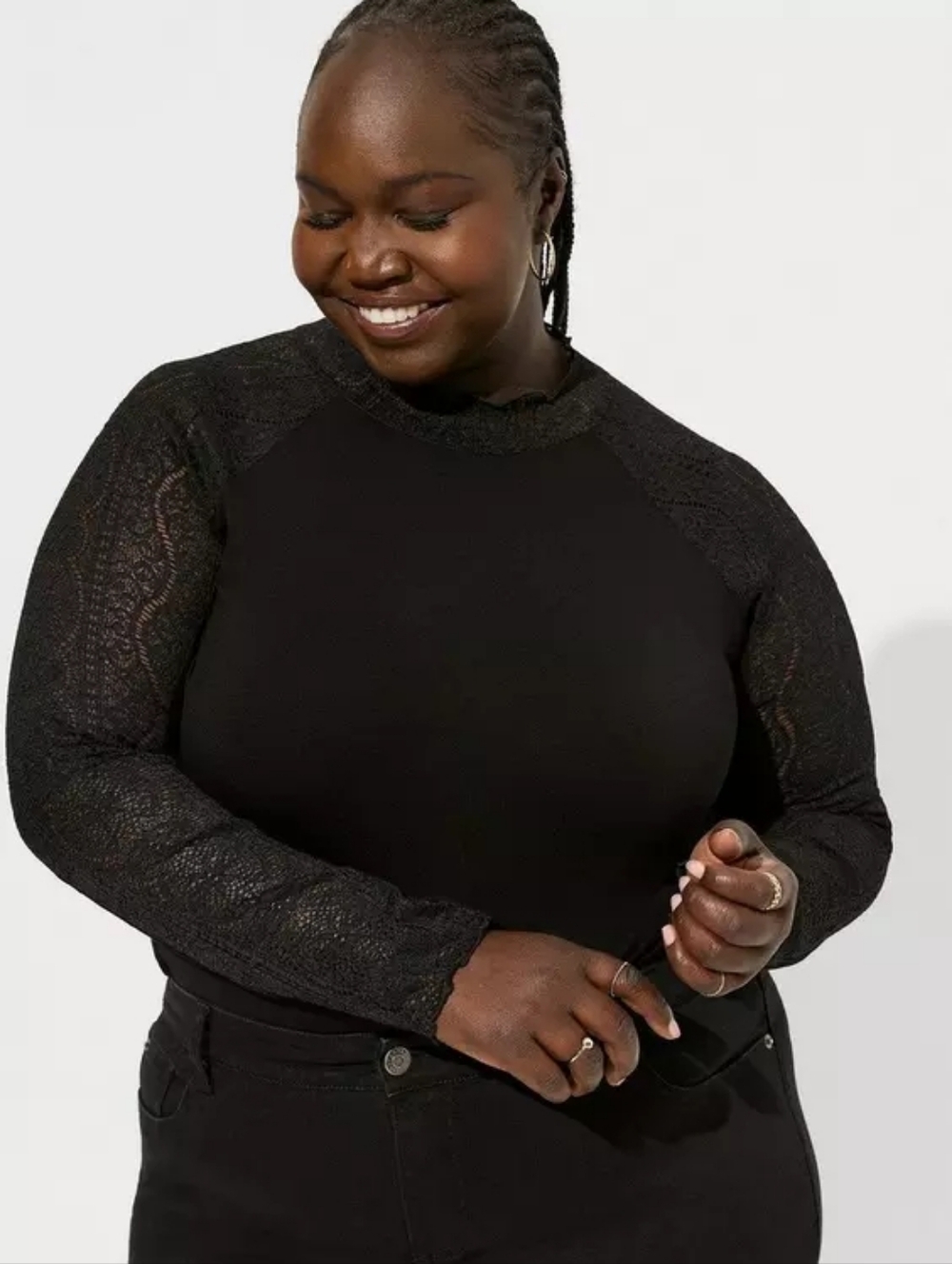 Torrid Super Soft Black Lace-Sleeve Mock Neck Women's Top
